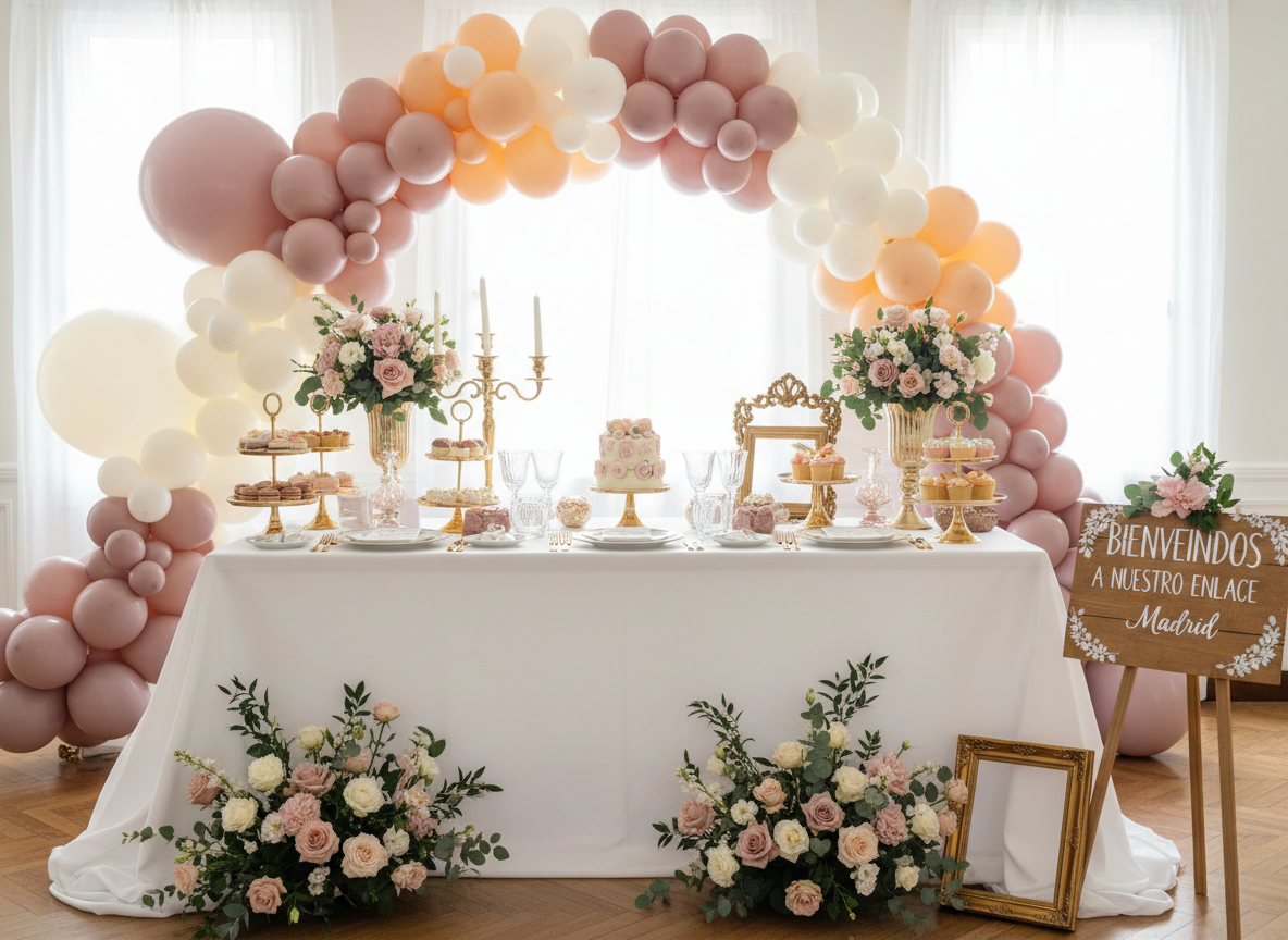 Decoración de boda íntima con globos, flores y mesa dulce en tonos pastel