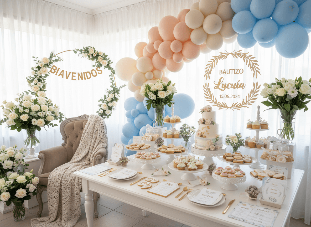 Detalle de bautizo y comunión con globos orgánicos y papelería personalizada