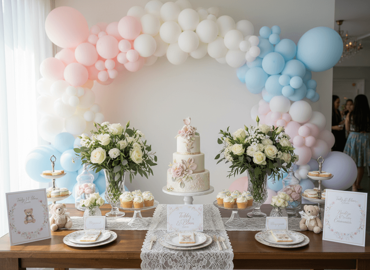 Decoración de bautizo y comunión con globos y mesa dulce en tonos pastel