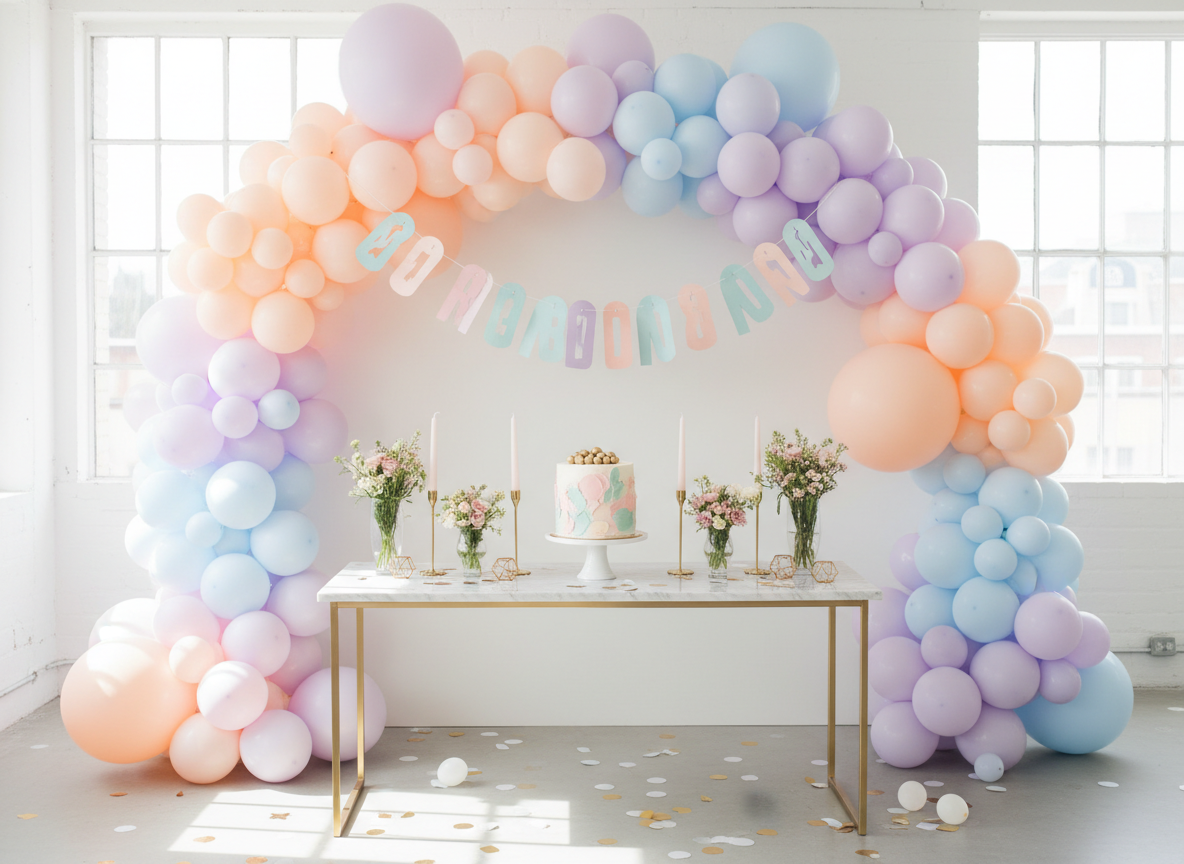 Decoración de cumpleaños con globos y mesa dulce en tonos pastel