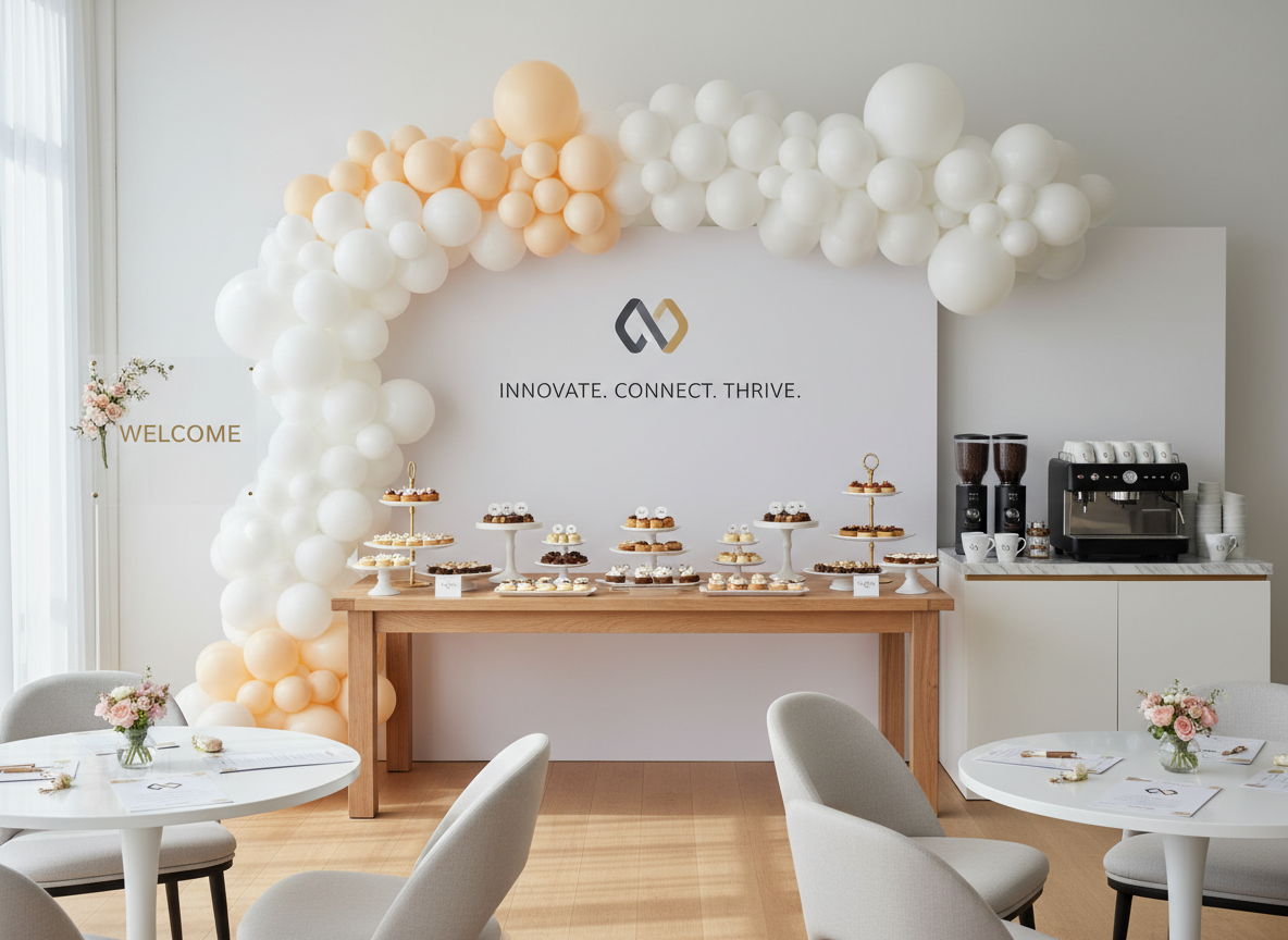 Detalle de evento corporativo con globos y mesa dulce de marca