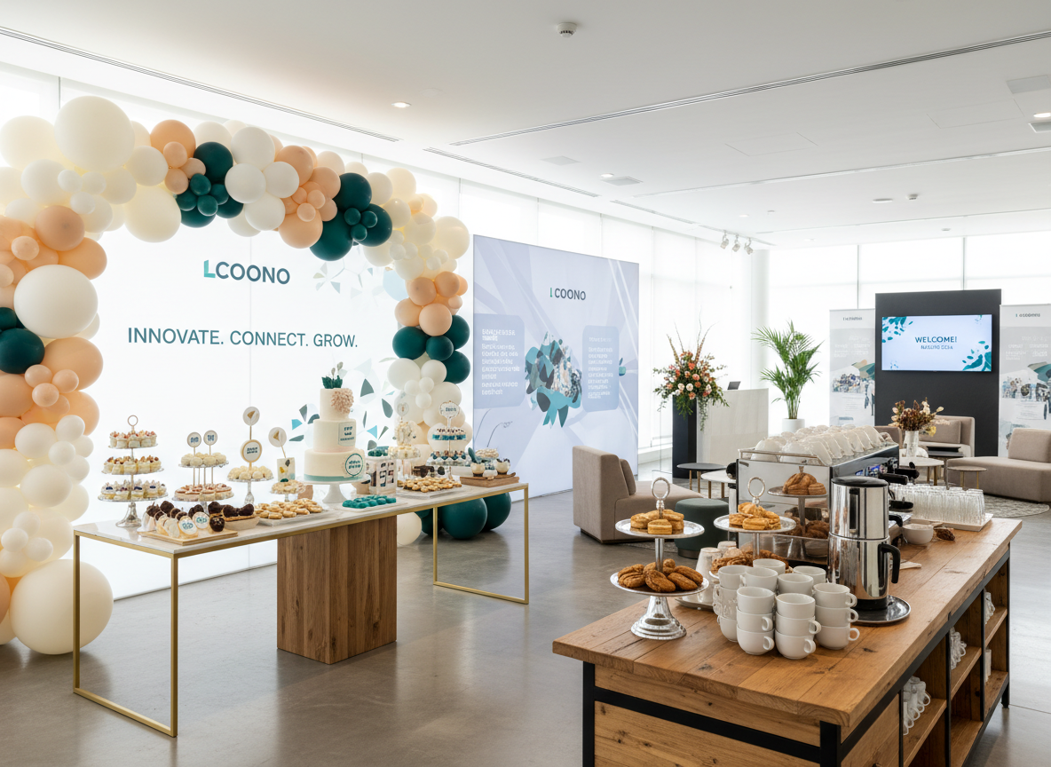 Decoración de evento de empresa con globos y photocall en tonos pastel